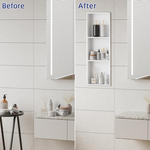 No Tile Needed Shower Niche - 304 Stainless Steel Niche Shower with 3- Tier Shelves Recessed Wall Niches for Bathroom Storage (White, 36 X 12 X 4.13 Inches, 3) - color: White