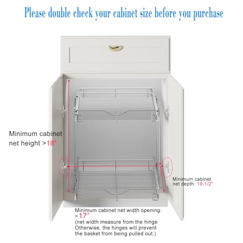 DINDON 2 Tier Pull Out Cabinet Organizer (17" W x 18" D) Heavy-Duty Metal Sliding Drawer Shelf, Two Tier Pull Out Shelves for Kitchen Cabinets, Pantry, Bathroom, Chrome Finish - size: 17" W X 18" D