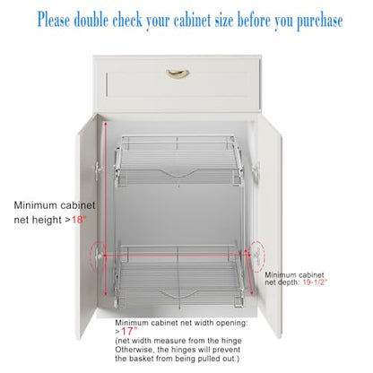 DINDON 2 Tier Pull Out Cabinet Organizer (17" W x 18" D) Heavy-Duty Metal Sliding Drawer Shelf, Two Tier Pull Out Shelves for Kitchen Cabinets, Pantry, Bathroom, Chrome Finish - size: 17" W X 18" D