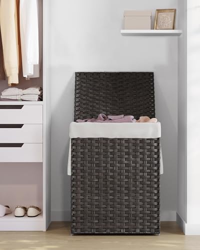 SONGMICS Laundry Hamper with Lid, 23.8 Gallon (90 L) Synthetic Rattan Clothes Laundry Basket with Lid and Handles, Foldable, Removable Liner, Chestnut Brown ULCB051K02 - color: Chestnut Brown, size: 90 L