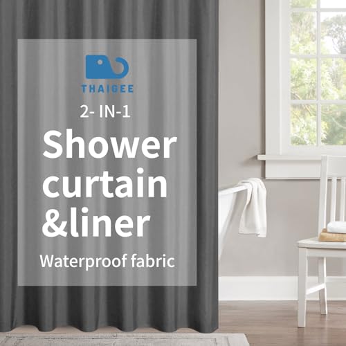 2-in-1 Waterproof Fabric Shower Curtain,No Separate Liner Needed,Linen Textured,Effortless Cleaning & Washable Bathroom Shower Curtain Set with 12 Plastic Hooks,72"x72",Charcoal Grey - color: Charcoal Grey, size: 72"W x 72"L (Pack of 1)