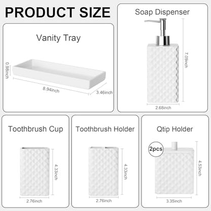 Bathroom Accessories Set Resin 6PCS, Square Toothbrush Holders Set Complete with Soap Dispenser, Vanity Tray, Tumbler, Cups and Cotton Swab Jars (White Diamond, Resin Bath 6 PCS) - color: White Diamond