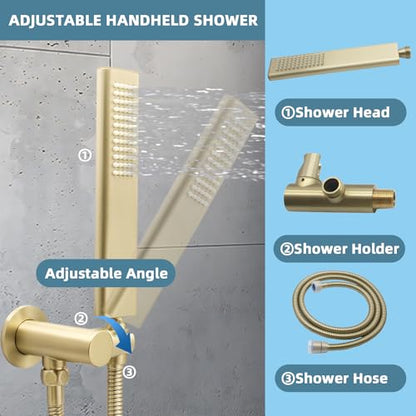 Solid Brass Handheld Shower Head Arc Design High Pressure Brushed Gold Hand Shower Wand with Adjustable Supply Elbow Wall Connector Shower Holder and 59″ Stainless Steel Hose Set - color: Brushed Gold