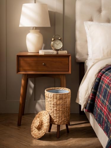 Tidita Wicker Trash Can with Lid, Decorative Bathroom Trash Can, 1.5 Gallon | Water Hyacinth Material, Wooden Legs, Removable Liner, Handwoven, Space-Saving Design, Assembly Required, Rustic & Boho Style - size: 1.5 Gallons