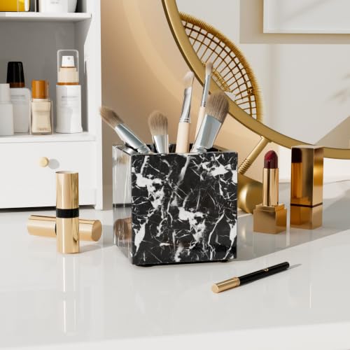 Rectangular Toothbrush Holder,Pencil Cup,3.9x3.9x3.9in,Black | Marble Pen Holders with Natural Patterns,Makeup Brush Organizer with Anti Slip Foot Pads,Stone Utensil Container for Office - color: Black