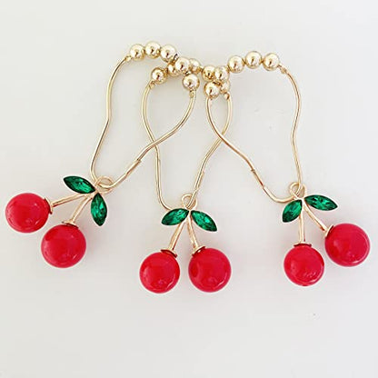 Set of 12 Cherries Shower Curtain Hooks Rings, Red Cherry Pendant Decoration, Fruit Style for Kids Bathroom, Stainless Steel Hooks Rustproof (Red-Cherry)