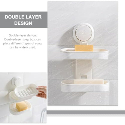 TOYANDONA Double Layer Plastic Soap Holder with Suction Cup Wall-Mounted Soap Draining Tray for Bathroom Shower Suitable for Wall Mount