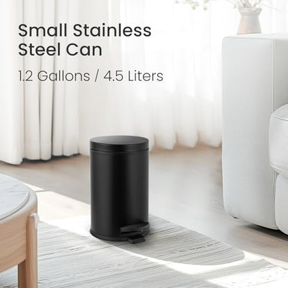 Cesun Small Round Bathroom Trash Can with Lid Soft Close, 1.2 Gal, Black | Removable Inner Bucket, Stainless Steel Garbage Can for Bedroom/Office, Hands-Free Step Pedal, Fingerprint-Resistant - color: Matte Black