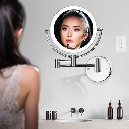 Magnifying Makeup Mirror Wall Mounted with Light, 1X/10X, Hardwired | Double Sided, Touch Switch 3 Color Lighting, Adjustable Brightness, Bathroom Extended Swing Arm Vanity Shaving, Brass Chrome - color: Chrome