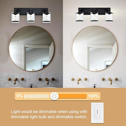3-Light Black Bathroom Light Fixture Over Mirror, Vanity Wall Lighting with Rectangular Clear Glass, E26 Bulb Base - color: Black, Clear Glass, size: 3-Lights
