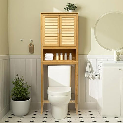 RoyalHouse Bamboo Over The Toilet Storage Cabinet with Bottom Shelf, Free Standing Storage Cabinet, Perfect Bathroom Space Saver with Double Door Organizer