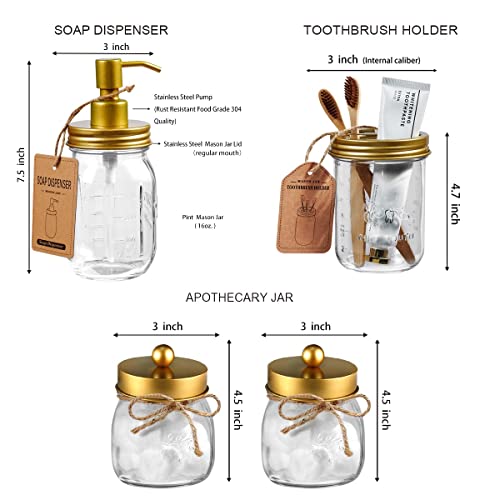 Amolliar Mason Jar Bathroom Accessories Set, 4 Pcs Glass Bathroom Set, Gold | Lotion Soap Dispenser, 2 Cotton Swab Holder, Toothbrush Holder, Farmhouse Rustic Bathroom Decor, Countertop Vanity Organizer - size: Gold, style: Standard-mouth