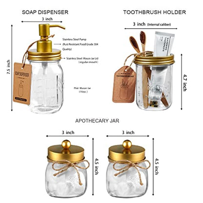 Amolliar Mason Jar Bathroom Accessories Set, 4 Pcs Glass Bathroom Set, Gold | Lotion Soap Dispenser, 2 Cotton Swab Holder, Toothbrush Holder, Farmhouse Rustic Bathroom Decor, Countertop Vanity Organizer - size: Gold, style: Standard-mouth