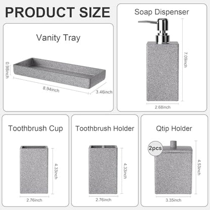 Gray Bathroom Accessories Set Resin 6PCS, Square Toothbrush Holders Set Complete with Soap Dispenser, Vanity Tray, Tumbler, Cups and Cotton Swab Jars for Counter, Sink or Small Spaces - color: Gray