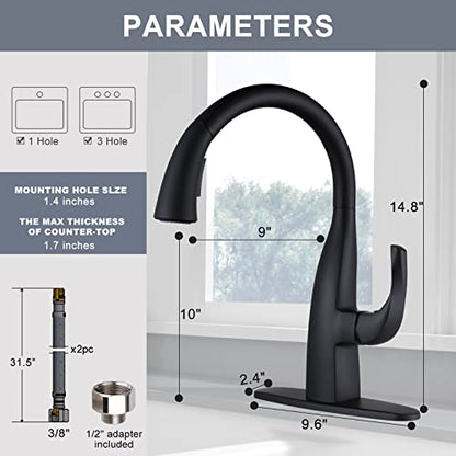 WOWOW Rv Kitchen Sink Faucet with Sprayer - Matte Black Kitchen Water Faucets with Pull Down Sprayer Laundry Sink Faucet, Single Handle Elegant Gooseneck Pull Out Black Faucets Black for Rv Farmhouse - color: Matte Black Faucet Kitchen, style: Kitchen Fau