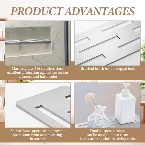 Teenyyou 2 Pack Shower Niche Rectangular Shelf for 12 Inch Prefabricated Board Niches, 4mm Thick, Marine Grade Brushed 304 Stainless Steel Finish Fits 1/8 Grout Line, for Bathroom Remodel