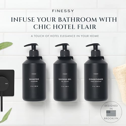 FINESSY Soap Dispenser Black Refillable Shampoo and Conditioner Bottles | Set of 3 17Oz Plastic Shower Soap Bottles With Pump Rust Resistant. Mount Shampoo Conditioner Body Wash Dispenser For Shower - color: Sophisticated Black