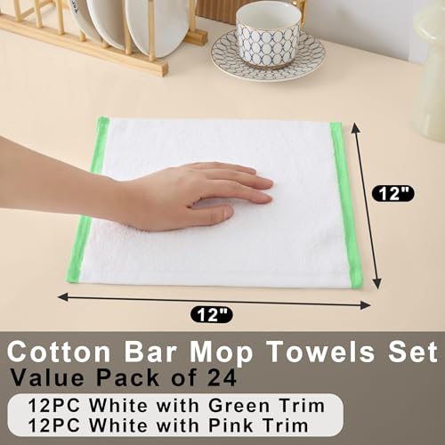 VOOVA & MOVAS White Wash Clothes 24 Pack, 100% Cotton, Thick, Green Pink Trim - size: 24PC Bar Towels (12"x12")