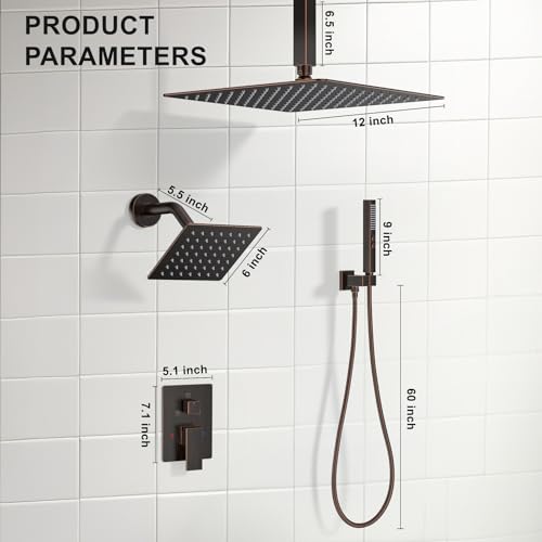 Rain Shower System 12" & 6" Dual Shower Heads Ceiling Shower Faucet Set | Ideal for bathroom remodels and upgrades with 12" rain shower, 6" angled shower, handheld spray and complete valve kit. - color: Oil Rubbed Bronze, size: Ceiling Mounted - 12"+6" Sh