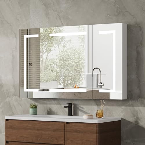 LED Medicine Cabinet with Mirror for Bathroom, Assembly-Free Lighted Medicine Cabinet, Defog, Stepless Dimming, 3 Colors, 2 Outlets, 2USB, Aluminum Wall Mounted Mirrored Cabinets, 40”Wx24“H - size: 40''W x 24''H Triple Door