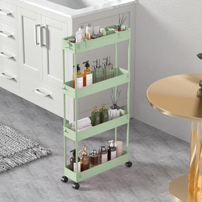 Slim Storage Cart 4 Tier,Bathroom Organizer Rolling Utility,Mobile Shelving Unit Slide Out for Office, Kitchen, Laundry Room & Narrow Places，Green - color: Green
