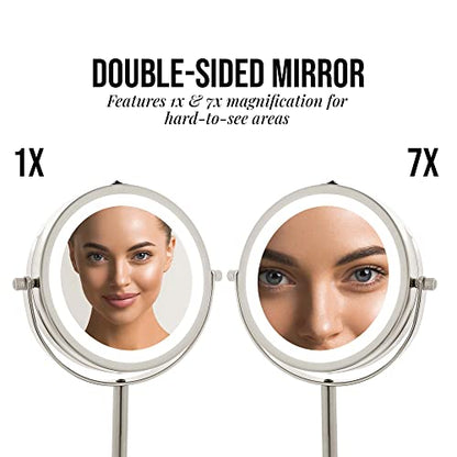 OVENTE Lighted Vanity Mirror 6 Inch Table Top 1X 7X Magnification LED 360 Adjustable Double Sided Spinning Personal Makeup Stand Desk Bathroom Battery Powered Round Large Nickel Brushed MLT60BR1X7X - color: Nickel Brushed, size: 11.3"L x 5.9"W (Pack of 2)
