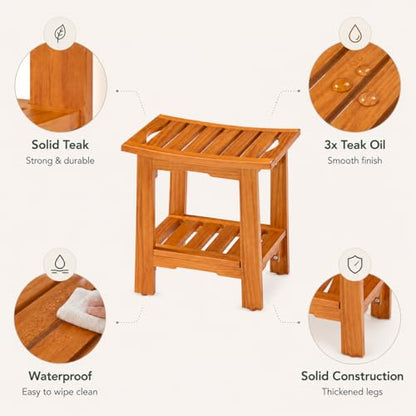 Simple Deluxe Teak Shower Bench, 14" Wood Shower Bench with Shelf, Waterproof Shower Stool for Inside Shower, Bath Chair for Bathroom, Tubs & Outdoor Use, 250LBS - size: 14"
