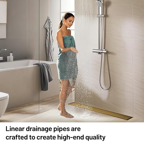 Linear Shower Drain, 304 Stainless Steel with Adjustable Leveling Feet, Hair Strainer,Reversely Install Place to Create an Invisible Floor Drain - Gold -16-Inch - color: Brushed Gold, size: 16inch