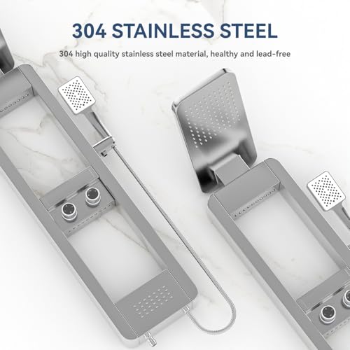 ELLO&ALLO Shower Panel Tower System with Shelf, Rainfall Shower Head and Rain Massage System with Body Jets, Stainless Steel Bathroom Fixtures, Brushed Nickel&Chrome