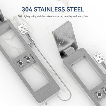 ELLO&ALLO Shower Panel Tower System with Shelf, Rainfall Shower Head and Rain Massage System with Body Jets, Stainless Steel Bathroom Fixtures, Brushed Nickel&Chrome