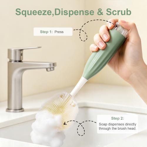 Baby Bottle Brush Set with Soap Dispenser, Foaming Brush & Drying Stand | Soft Silicone Bristles, Fan-Shaped Deep Cleaning Head, 3-Piece Kit with Nipple & Straw Brushes, Quick-Dry Storage, BPA-Free