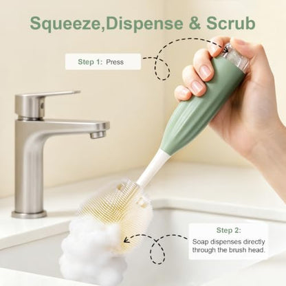 Baby Bottle Brush Set with Soap Dispenser, Foaming Brush & Drying Stand | Soft Silicone Bristles, Fan-Shaped Deep Cleaning Head, 3-Piece Kit with Nipple & Straw Brushes, Quick-Dry Storage, BPA-Free