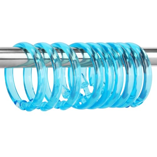 Blue Shower Curtain Hooks - 12 Pcs Circular Plastic Shower Curtain Rings for Bathroom - O Shaped Transparent Aqua Blue Shower Hooks Rings for Shower Curtain Rod - color: Transparent Aqua Blue