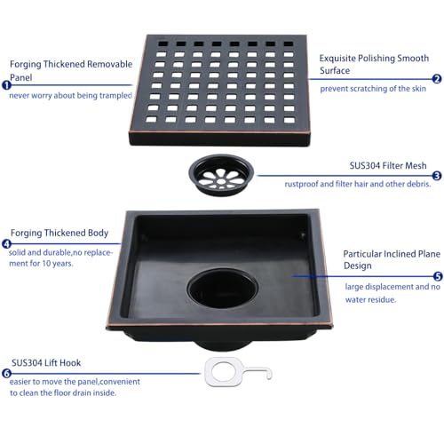 Square Shower Drain 6 Inch Oil Rubbed Bronze,Quadrato Pattern Grate Removable, Hair Strainer,SUS304 Stainless Steel,SW98738-ORB-15a. - color: Oil Rubbed Bronze
