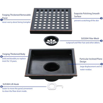 Square Shower Drain 6 Inch Oil Rubbed Bronze,Quadrato Pattern Grate Removable, Hair Strainer,SUS304 Stainless Steel,SW98738-ORB-15a. - color: Oil Rubbed Bronze