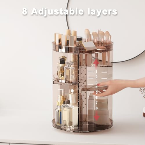 Jiavarry 360 Rotating Makeup Organizer with DIY 8 Adjustable Height, Brown | Spinning Skincare, Lipstick Slots, Brush and Perfume Storage, for Vanity Bathroom Countertop - color: Slot Top Brown
