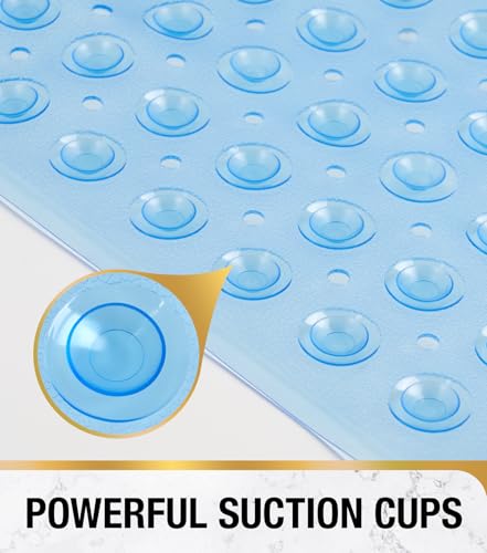 HITSLAM Square Shower Mat, Non Slip PVC Stall Mat, 24"x24", Blue | Power Grip Suction Cups, Center Drain Hole, Built-In Hanging Holes, Machine Washable Bathroom Floor Mat, Soft On Feet - color: Clear Blue