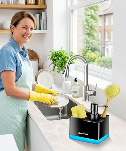 Dish Soap Dispenser with Sponge Holder, Small Hand Soap Dispenser with Sponge Caddy and Brush Holder, 3-in-1 Countertop Organizer for Kitchen Sink and Bathroom (Black) - color: Black