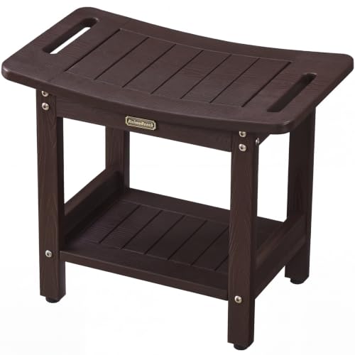 HDPS Shower Bench Waterproof Shower Chair Stool with Storage Shelf, Coffee | Heavy Duty Bathroom Bench Seat with Adjustable Feet, Anti-Rotting, No-Slip, Space-Save, No-Maintenance - color: Coffee