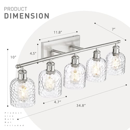 zeyu Modern Brushed Nickel Bathroom Lights Fixture, 35 Inch 5 Light Vanity Lighting Over Mirror, Brushed Nickel Finish with Clear Hammered Glass, ZJF63B-5W BN - color: Brushed Nickel|Hammered Glass, size: 5-Light