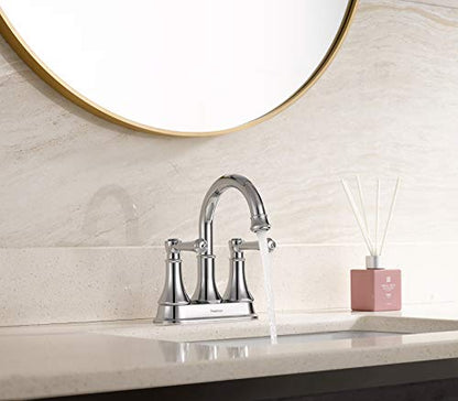 TimeArrow Chrome 4 Inch Two Handle Centerset Bathroom Sink Faucet 3 Holes with Pop up Drain, High Arc Modern Bathroom Vanity Lavatory Faucet with Brass 360° Swivel Spout, TAF067Y-CP | TimeArrow High Arc Modern 2-Handle Bathroom Faucet, Vanity Lavatory Fau