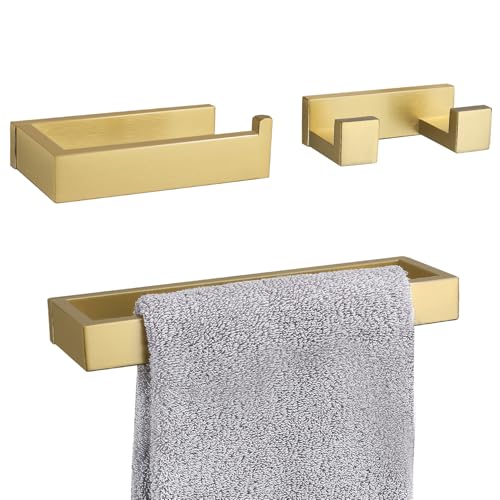 Brushed Gold Bathroom Accessories, Toilet Paper Holder, Towel Bar and Hook | Lairuier 3 Pieces Bathroom Hardware Set, SUS304 Stainless Steel Towel Holder Set Toilet Paper Holder Robe Hook Wall Mounted - color: Brushed Gold