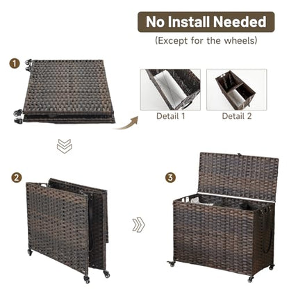Laundry Hamper with Wheels, 60.72 Gallon(230L) Rolling Laundry Basket with Lid, Removable Large 3 Color Liners & 3 Mesh Laundry Bags, Clothes Hamper with Side Pocket, Brown - color: Brown, size: 35.43"L x 15.75"W x 25.6"H