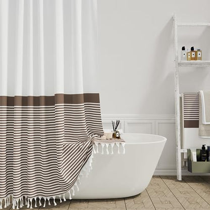 Dynamene 78 Inches Long Shower Curtain, Farmhouse Boho Striped Fabric Tassel Shower Curtains for Bathroom, Tall Bohemian Textured Waterproof Cloth Shower Curtain Set with Hooks, Brown, 72x78 - color: Brown, size: 72"W x 78"L (Pack of 1)