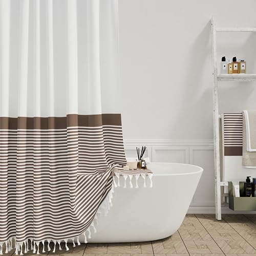 Dynamene Extra Long Shower Curtains, 84 Inches Long Farmhouse Boho Striped Fabric Tassel Shower Curtains for Bathroom, Tall Bohemian Textured Cloth Shower Curtain Set with Hooks, Brown, 72x84 - color: Brown, size: 72"W x 84"L (Pack of 1)