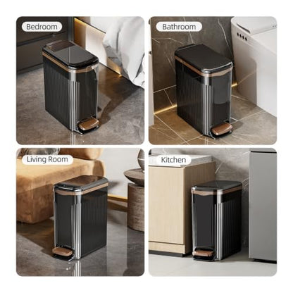 JOYZAN Slim Bathroom Trash Can with Pop-Up Lid Step Pedal Waste Basket | Foot Pedal Trash Can 2.6 Gallon Dog Proof Plastic Garbage Bin for Kitchen, Living Room, Bedroom, Office Black