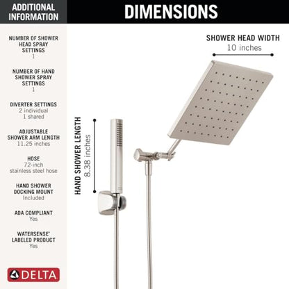 Delta Faucet 10-inch Raincan Shower Head and Hand Held Shower Combo, Brushed Nickel Square Shower Head, Rainfall Shower Head, Hand Shower, 1.75 GPM Flow Rate, Spotshield Brushed Nickel 75527-SN - color: Stainless
