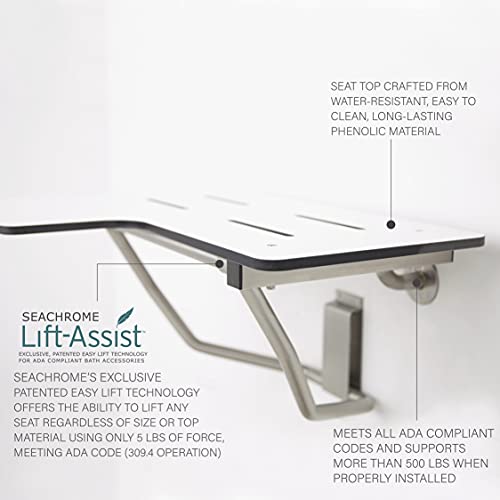 Seachrome 32" x 22.5" Lift-Assist ADA L-Shaped Reversible Bathroom Shower Bath Transfer Seat, Folding, Wall-Mounted, White Phenolic Seat - color: White, size: 32 x 22.5