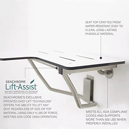 Seachrome 32" x 22.5" Lift-Assist ADA L-Shaped Reversible Bathroom Shower Bath Transfer Seat, Folding, Wall-Mounted, White Phenolic Seat - color: White, size: 32 x 22.5