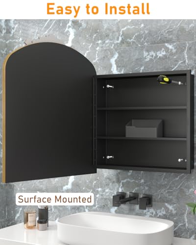 24x30 Inch Bathroom Medicine Cabinet Surface Mounted, Medicine Cabinet with Arched Mirror, Hand-Painted Bronze Aluminum Frame, Baroque Flower Decor, Black Metal Cabinet, 2 Stable & Removable Shelves - size: Frame:24"x30" (Surface Mount Only)